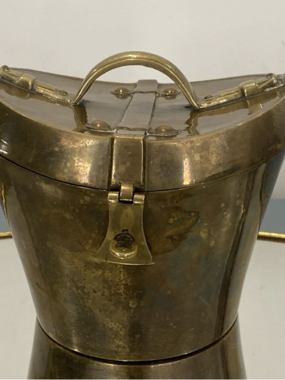 Rare Antique  Vintage solid Brass Top Hat carrying Box with Handle Metallic Gold